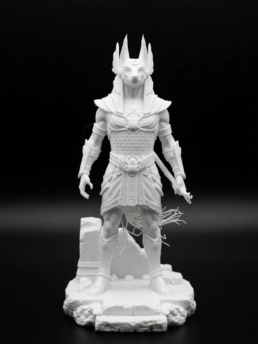 Statua di Anubi stampata in 3D in bianco, su fondo nero