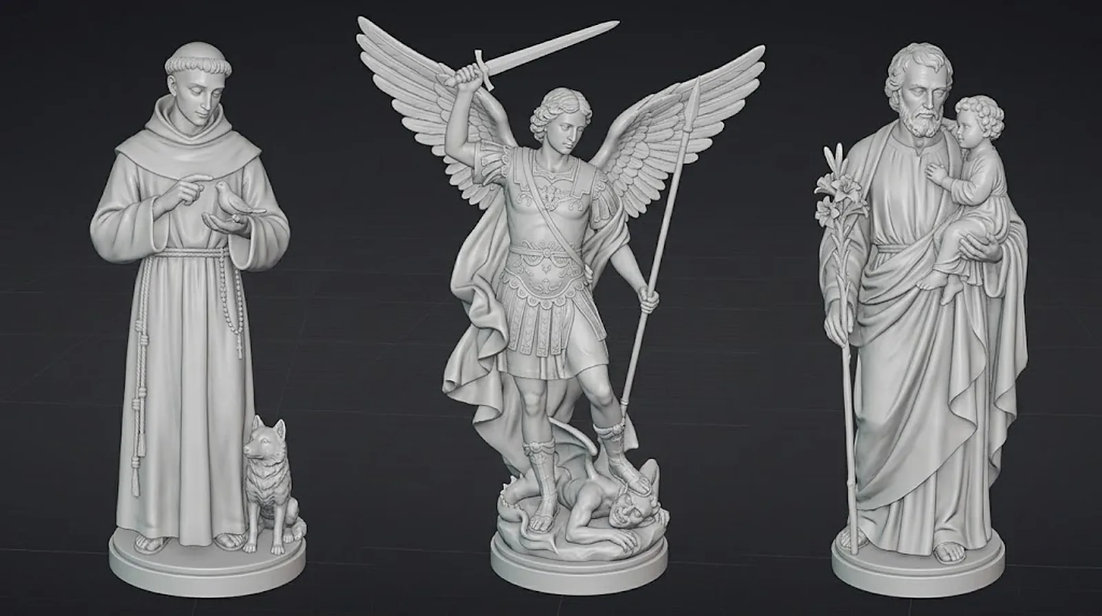 Anteprima 3D delle statue di San Francesco, San Michele Arcangelo e San Giuseppe in tinta unita